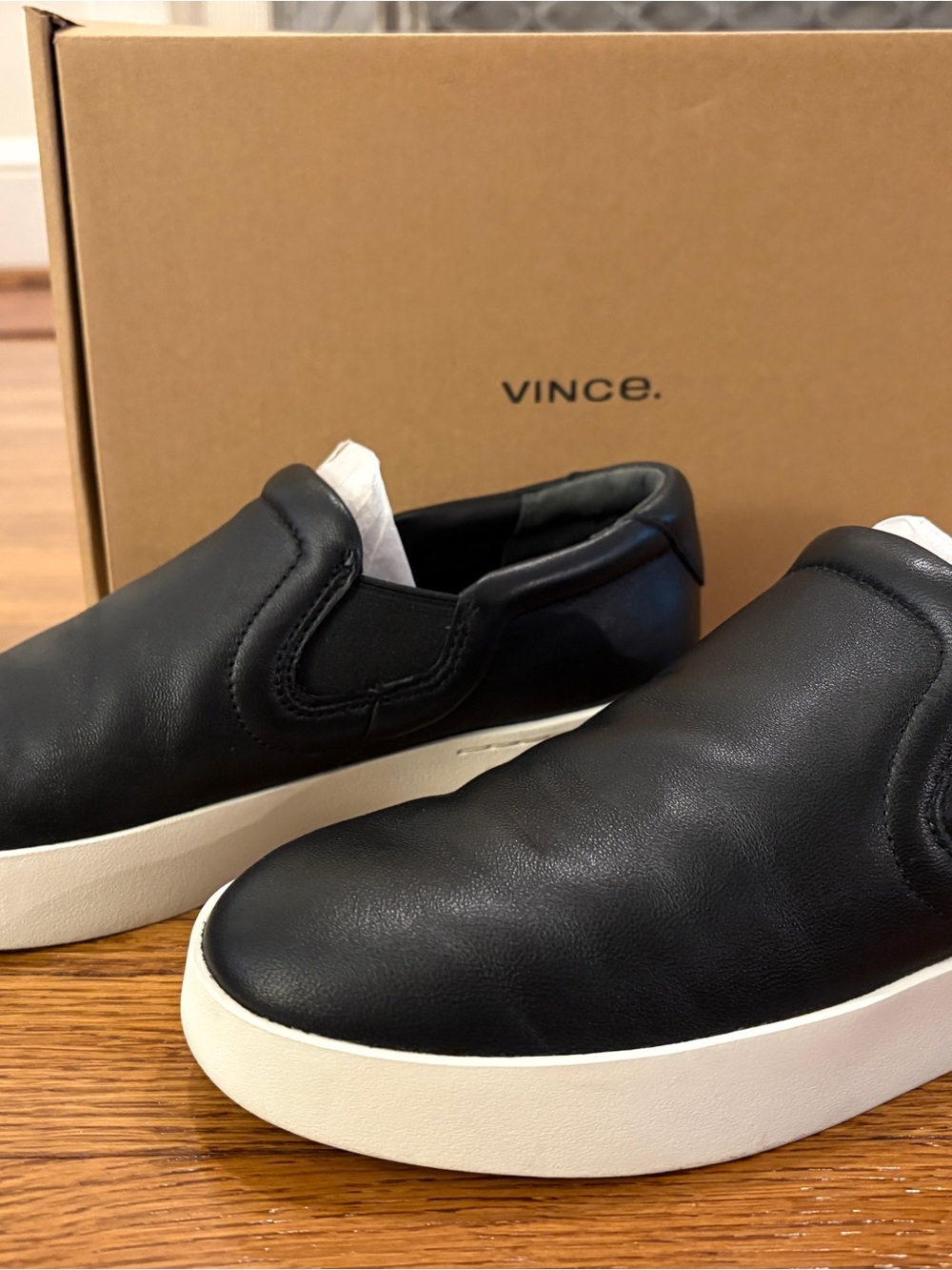 Vince Black Leather Slip-On Sneakers with White Platform